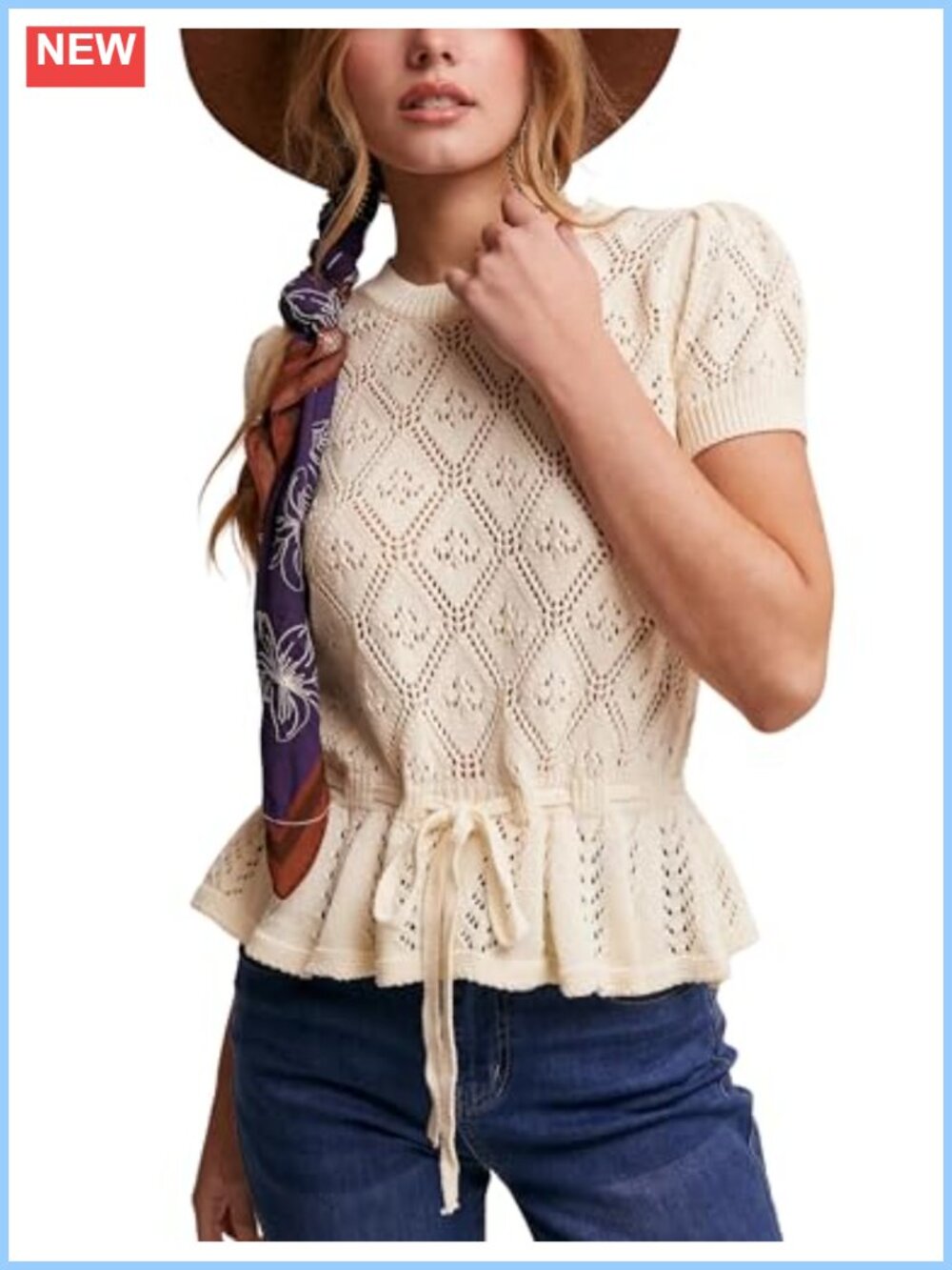 Women's Cotton Crochet Knit Peplum Top Semi-Sheer Short Sleeve Crew Neck